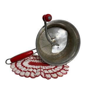 Foley Food Mill, MCM Kitchen Sieve - Vintage 30s Farmhouse, Red Wooden Handles